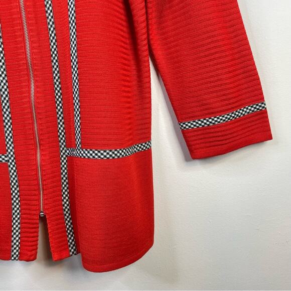 Ming Wang Poppy Red Gingham Trim Zip Front Long Sweater Jacket Womens S new nwt - Picture 6 of 16